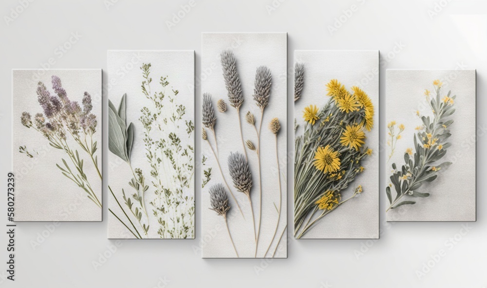  a set of five paintings of flowers on a white wall, with a white background and yellow flowers in t