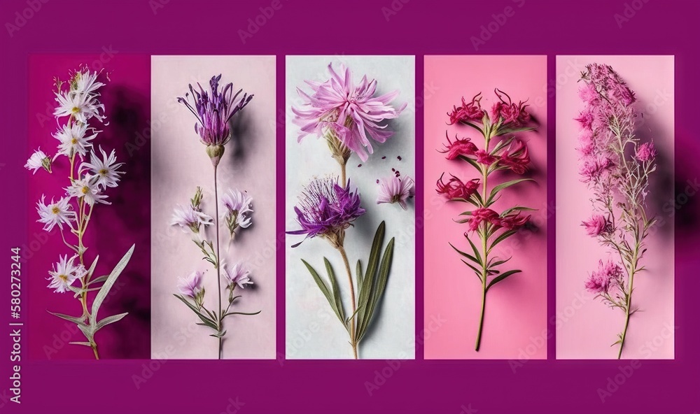  five different types of flowers on a pink and purple background with the words, flowers, flowers, f