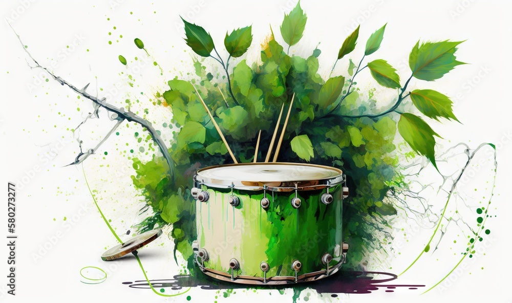  a painting of a green drum with sticks sticking out of the top of it and a leafy plant behind it, o