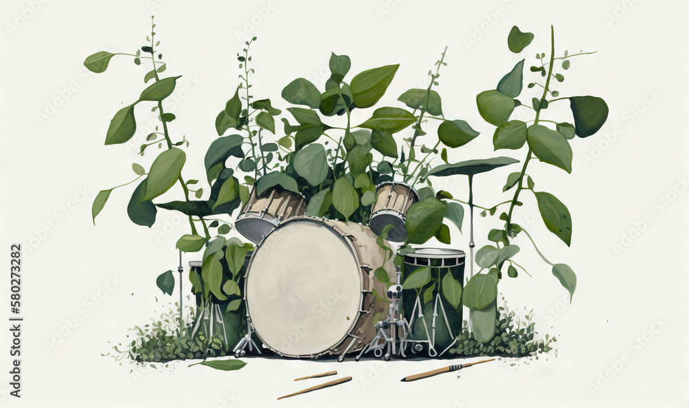  a painting of a drum and drums in the grass with plants growing out of it and a pair of sticks stic