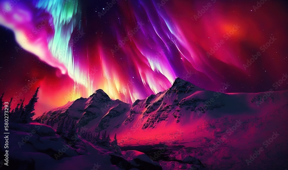  a colorful aurora bore over a snowy mountain range in the night sky with stars and aurora lights ab