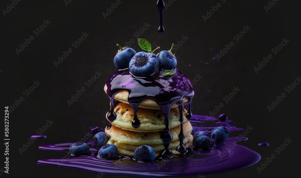  a stack of pancakes covered in blueberries and chocolate syrup with a drizzle of blueberries on top