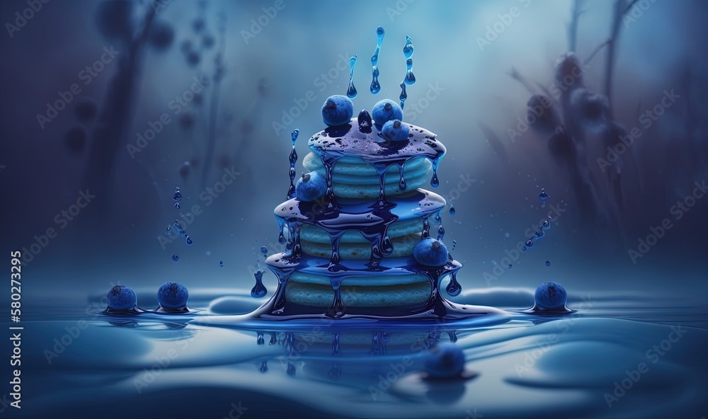  a blue cake with blue icing on top of it in the middle of a body of water with blue drops on the bo