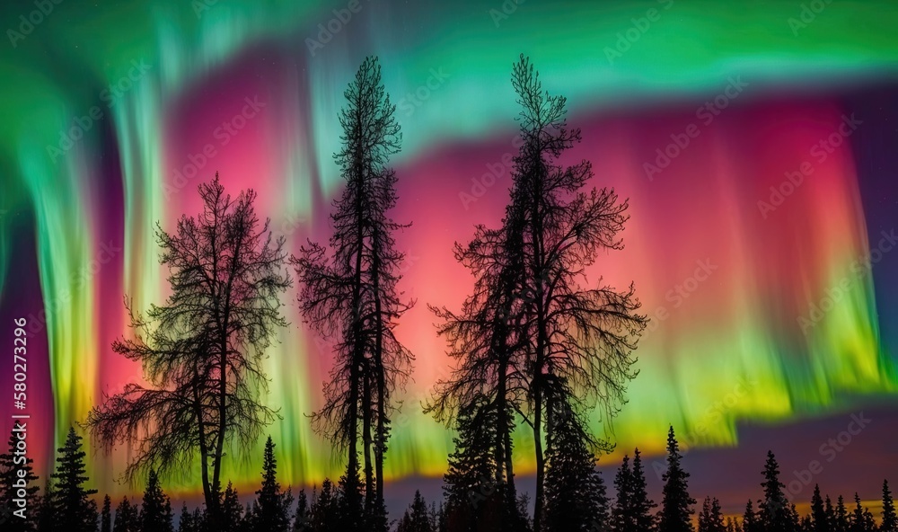  the aurora bore is seen in the sky above some trees and a forest with a lot of green and red lights