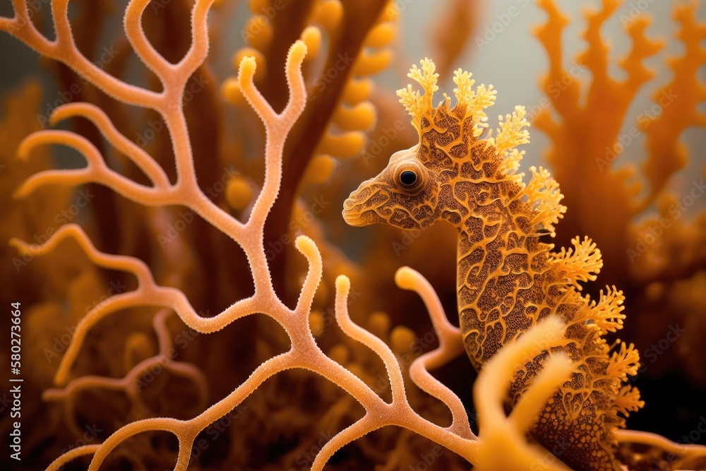 On Gili Island, Lombok, Indonesia, a pygmy seahorse (Hippocampus bargabanti) camouflages itself amon