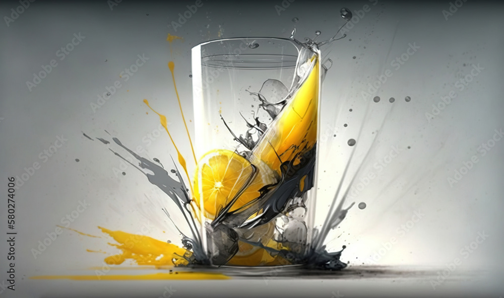  a glass filled with liquid and a lemon slice on top of it with splashes of paint on the bottom of t