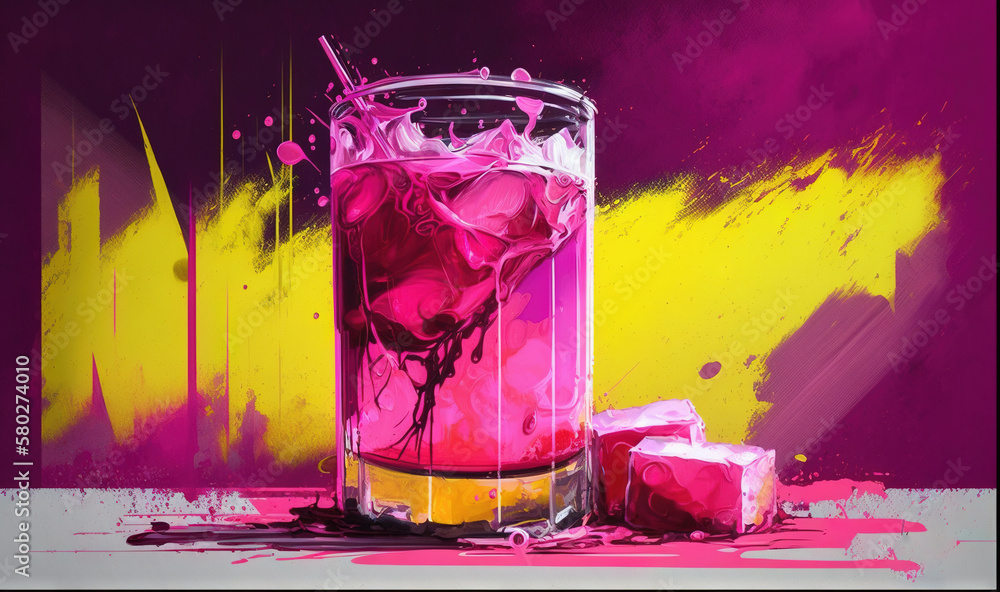  a painting of a glass of liquid with ice cubes on the floor and a yellow and pink background with a