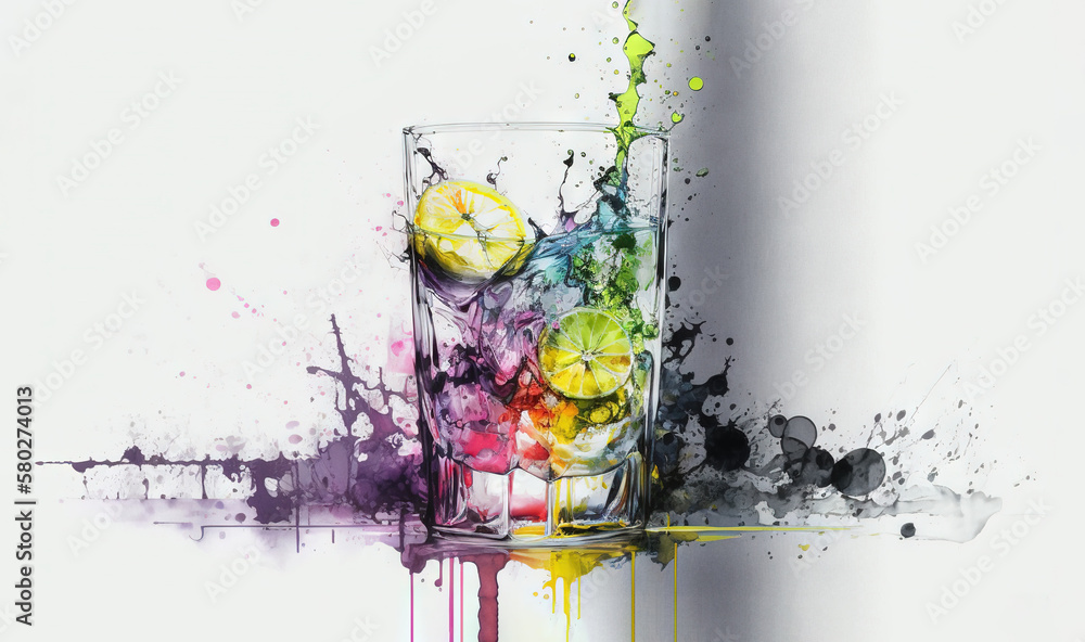  a glass of water with a slice of lemon and a lime on the rim of the glass with a splash of paint on