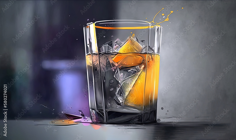  a painting of a glass of alcohol with a splash of liquid on the side of the glass and a yellow slic