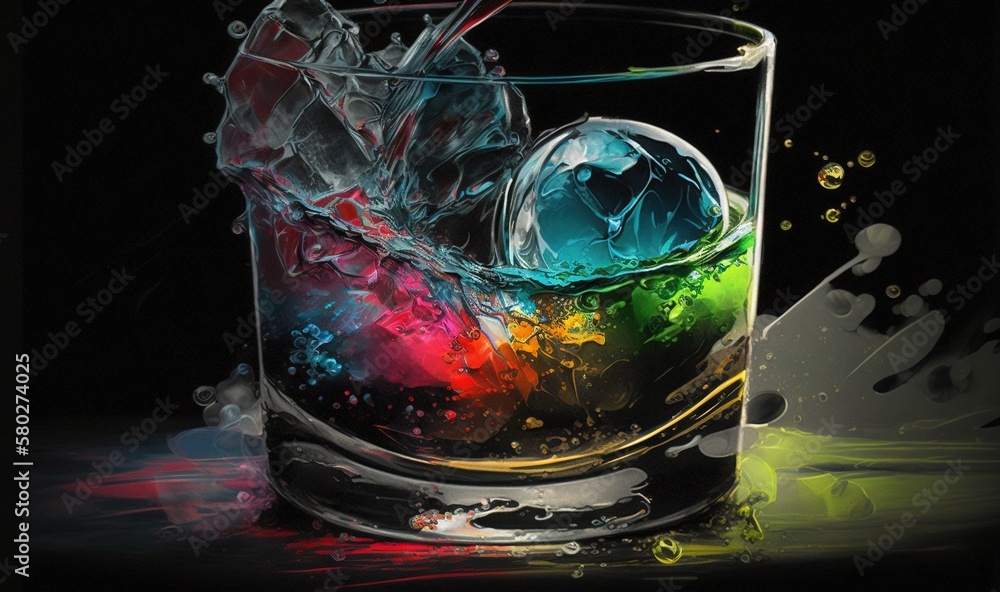  a glass filled with liquid and ice cubes on top of a black tablecloth covered tablecloth with a spl