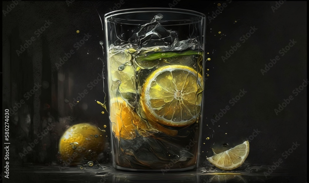  a painting of a glass of water with lemons and limes on the side of the glass, with a splash of wat