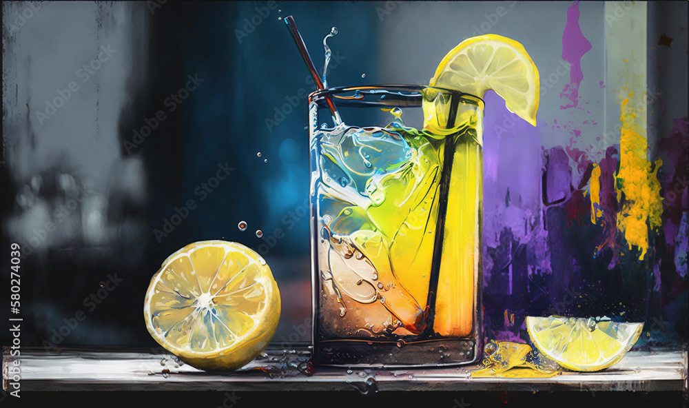  a painting of a glass of lemonade with a slice of lemon on the side of the glass and a half of the 