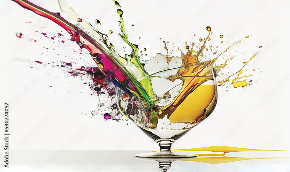  a wine glass filled with liquid and splashing into the glass with a yellow spoon on the side of the