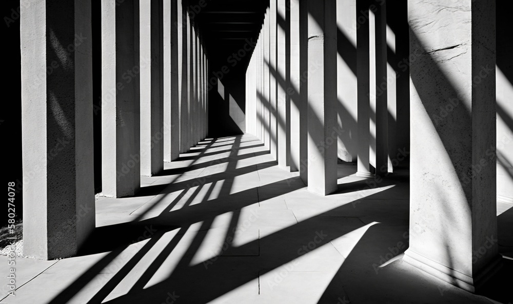  a black and white photo of a long hallway with columns and shadows on the floor and walls of the bu