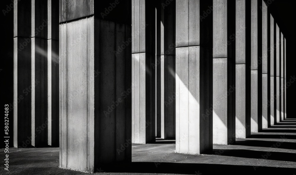  a black and white photo of a row of columns in a building with the sun shining through the columns 