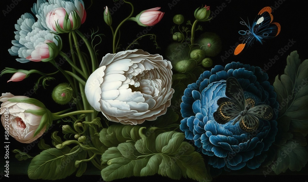  a painting of flowers and a butterfly on a black background with a butterfly flying over them and a