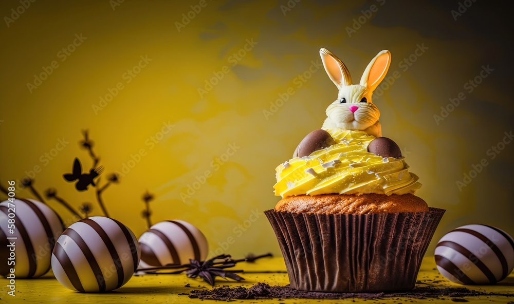  a cupcake with a bunny face on top of it and some chocolate eggs around it on a yellow tablecloth w