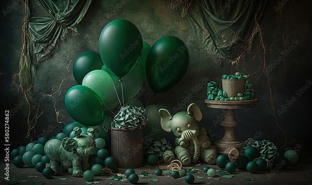  a painting of green balloons, a cake, and a small elephant in a pot with a cake on a pedestal in fr