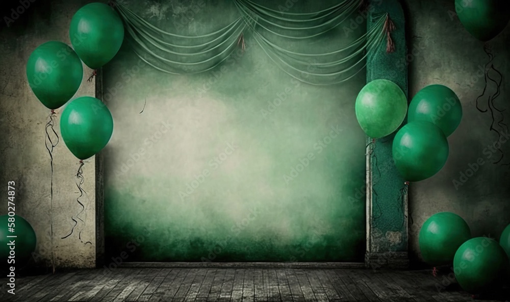  a stage with green balloons and a curtain with a green light in the middle of the stage is a wooden