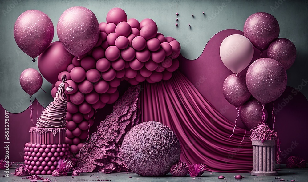  a bunch of balloons are floating in the air over a purple background with a pink curtain and a whit