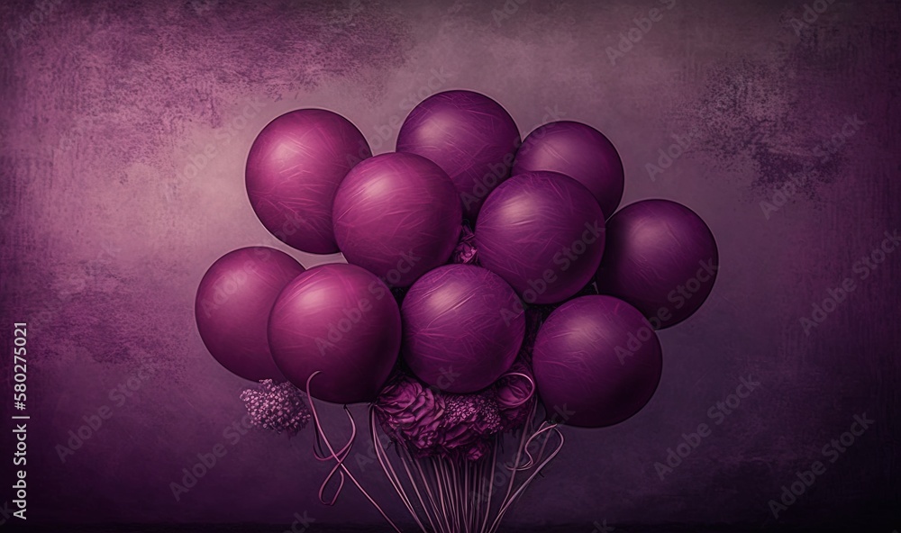  a bunch of purple balloons sitting on top of a purple table top next to a vase of flowers on a wood