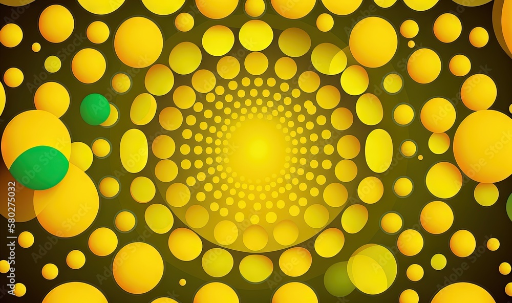  a yellow and green abstract background with circles and dots on a black background with a yellow ce