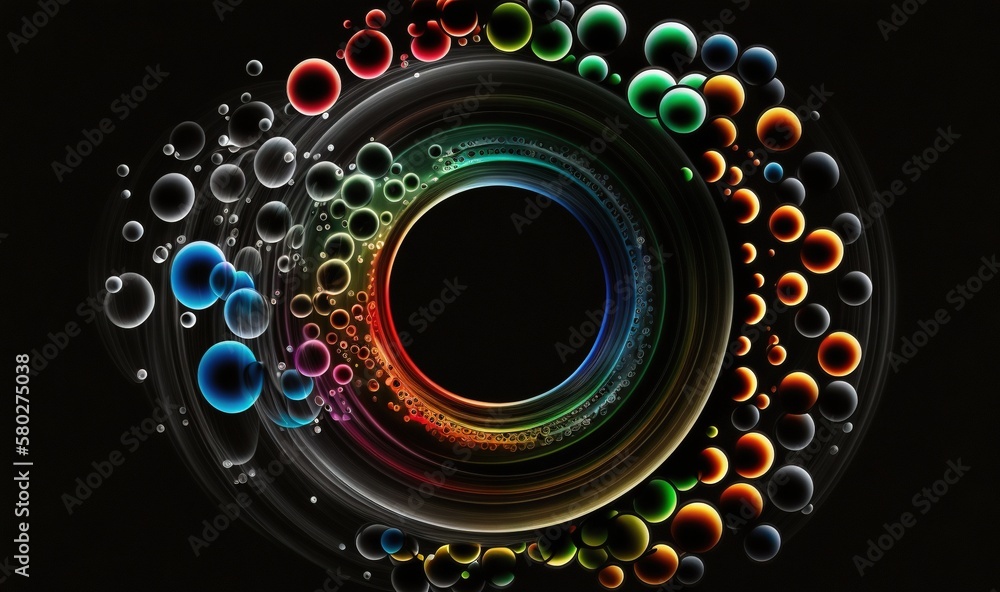  a circle of bubbles with a black background and a black circle with a rainbow of bubbles in the mid