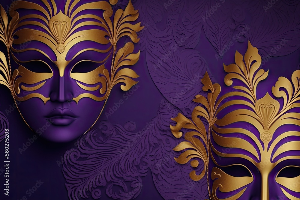 Mardi Gras or carnival wallpaper featuring glittering gold masks on a deep violet background. Copy s