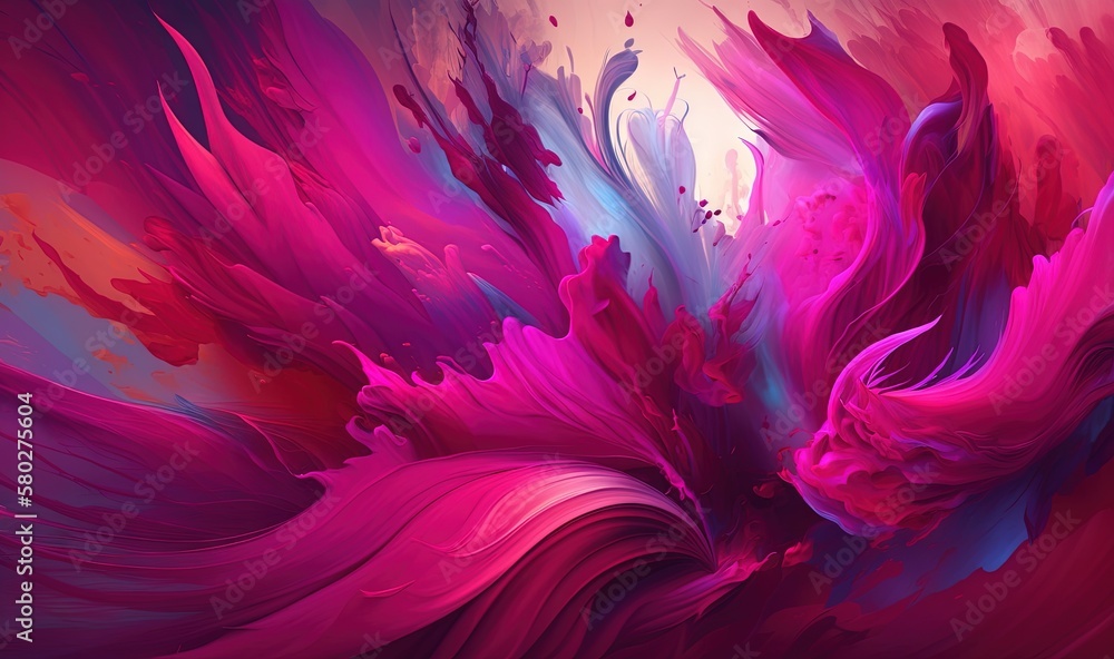  an abstract painting of pink and purple flowers on a white background with a red center in the midd