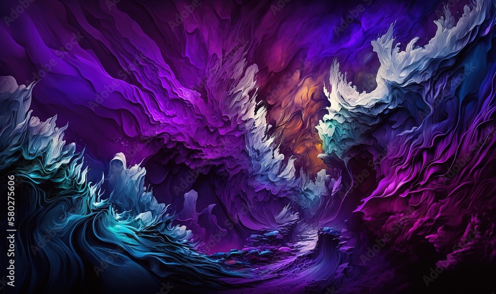  an abstract painting of purple, blue, and purple waves and clouds with a rainbow hued background an