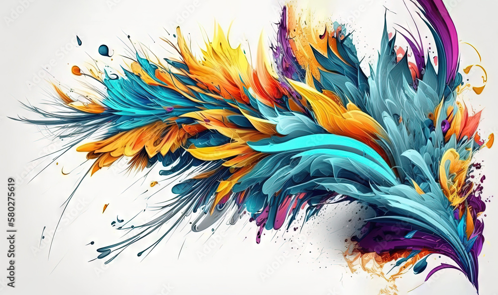  a colorful abstract painting of a birds wing with splashes of paint on the wings of the birds fea