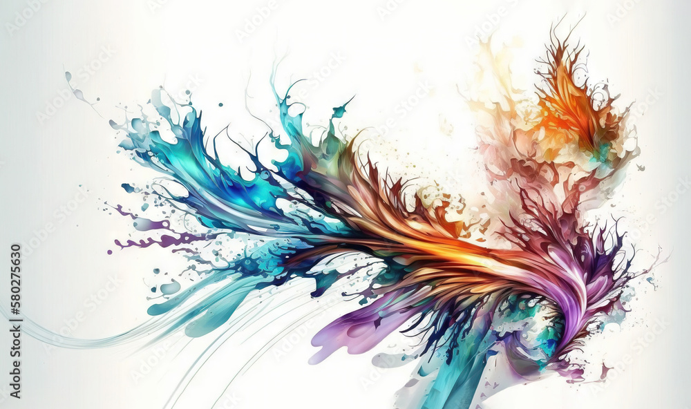  an artistic painting of a colorful bird of paradise with splashes of paint on its wings and tail f