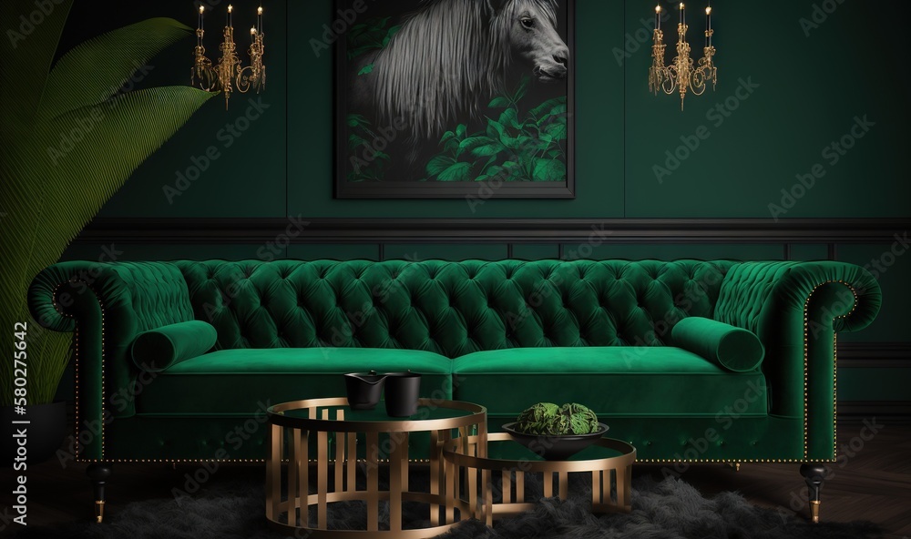  a living room with a green velvet couch and a gold coffee table with a plant on it in front of a pa