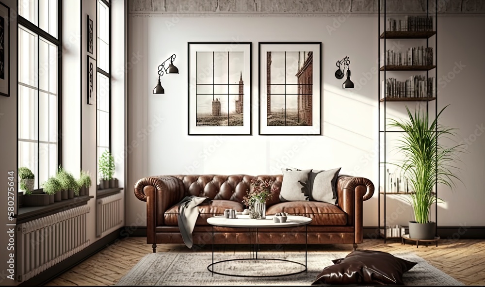  a living room with a leather couch and a coffee table in front of a window with a view of the city 