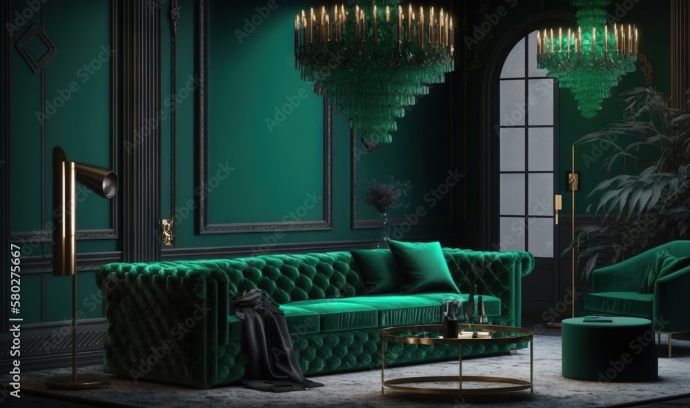  a living room with a green couch and a chandelier hanging from the ceiling and a table with a lamp 