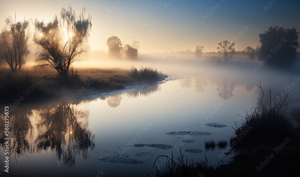  a foggy river with trees and water in the foreground and fog in the background, with a few trees in