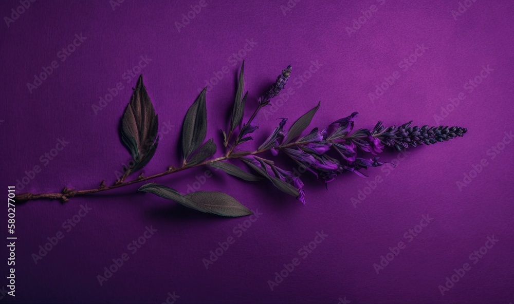  a branch of a plant with leaves on a purple background with a green leaf on the left side of the pi