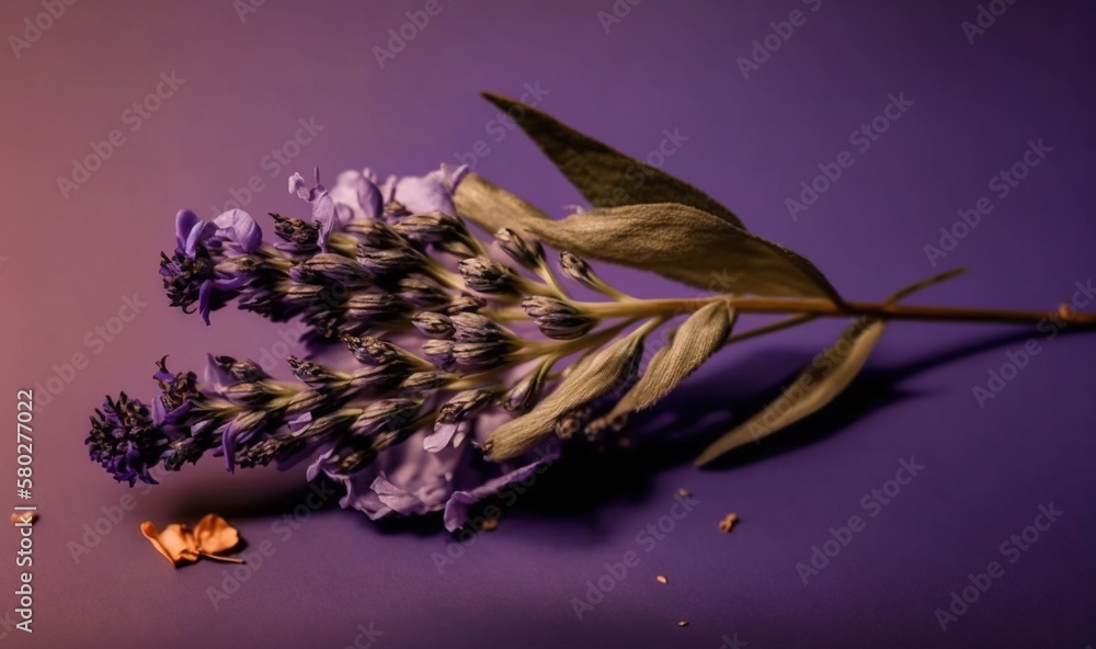  a bunch of dried flowers sitting on top of a purple table top next to a dried flower stem with a si