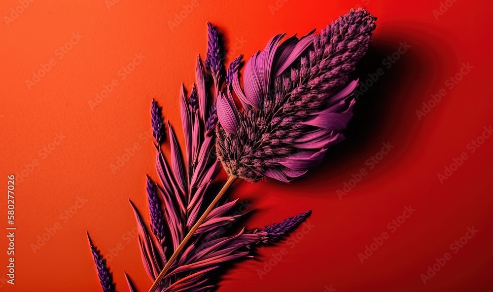  a purple flower on a red background with a red wall in the back ground and a red wall in the back g