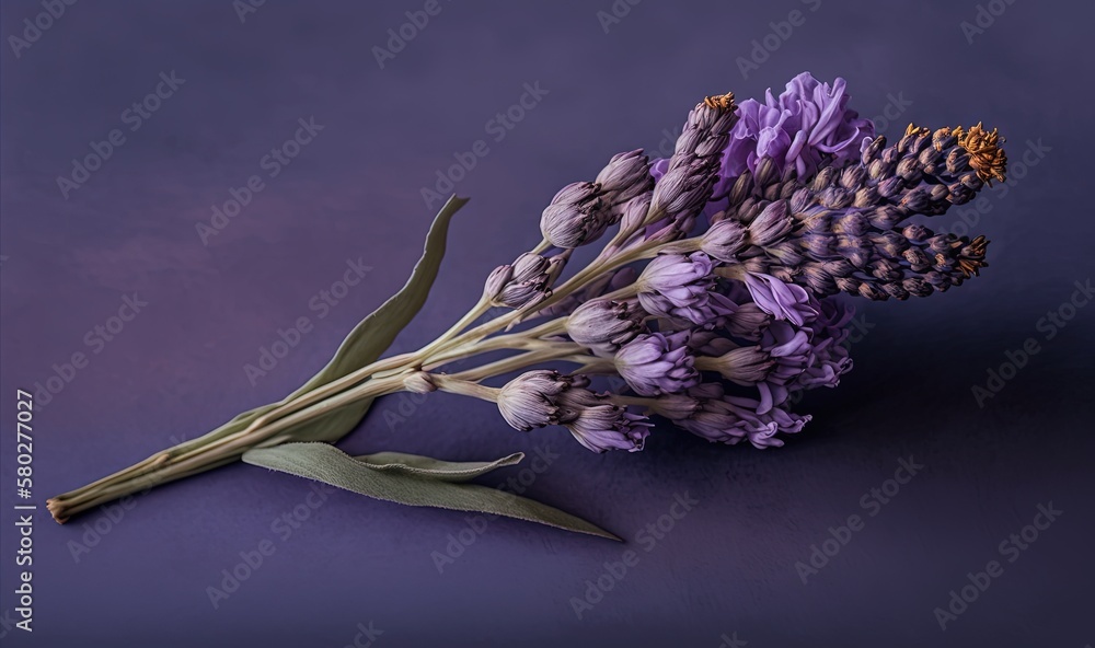  a bunch of purple flowers sitting on top of a purple table top next to a green leafy plant on a pur