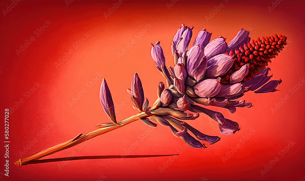  a painting of a flower on a red background with a shadow of the flower on the left side of the fram