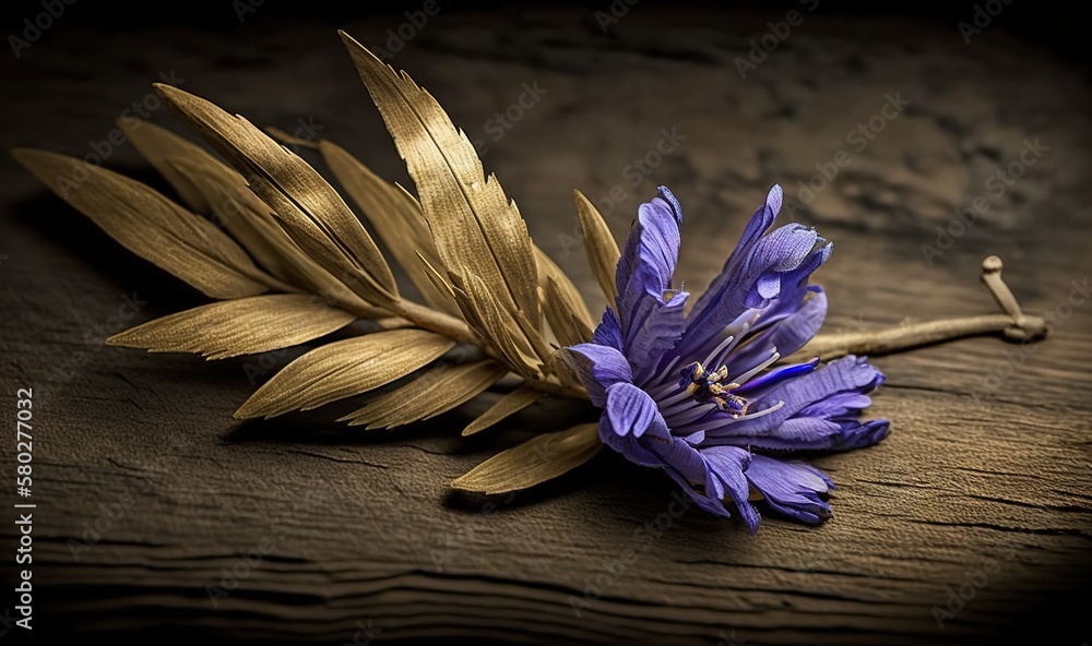  a purple flower with a leaf on a wooden table with a hook in the middle of the picture and a brown 