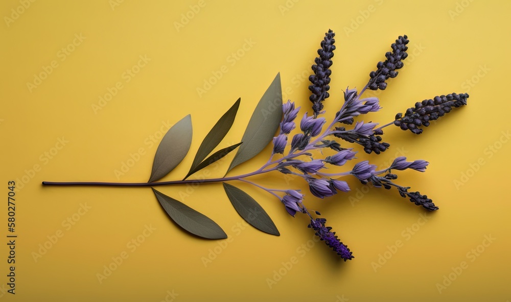  a bunch of lavender flowers on a yellow background with a single stem of lavender on top of the ste