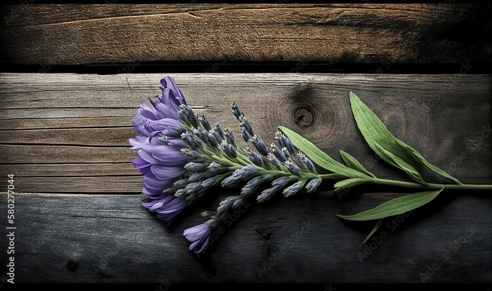  a purple flower sitting on top of a wooden table next to a green leafy plant on top of a piece of w