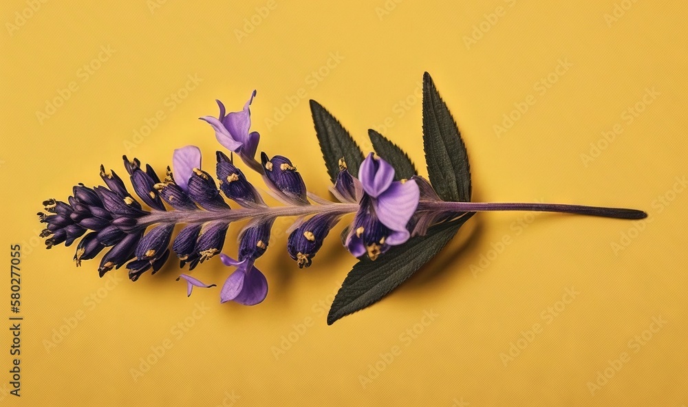  a purple flower and a green leaf on a yellow background with space for text or image on the left si