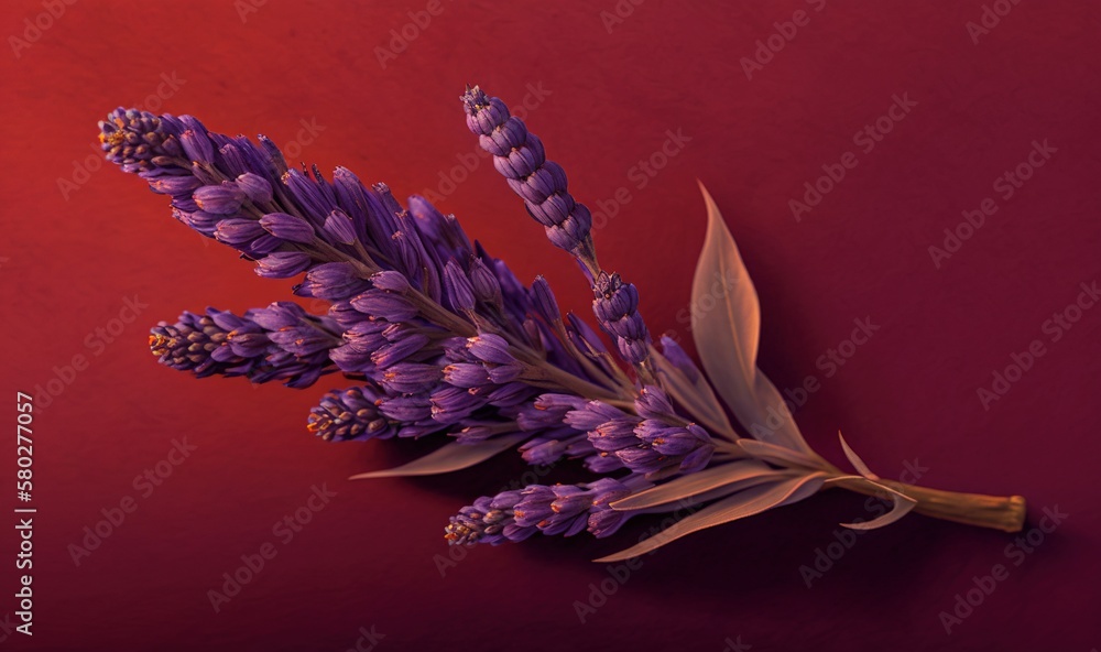  a bunch of purple flowers sitting on top of a red table top next to a red wall with a green leaf on