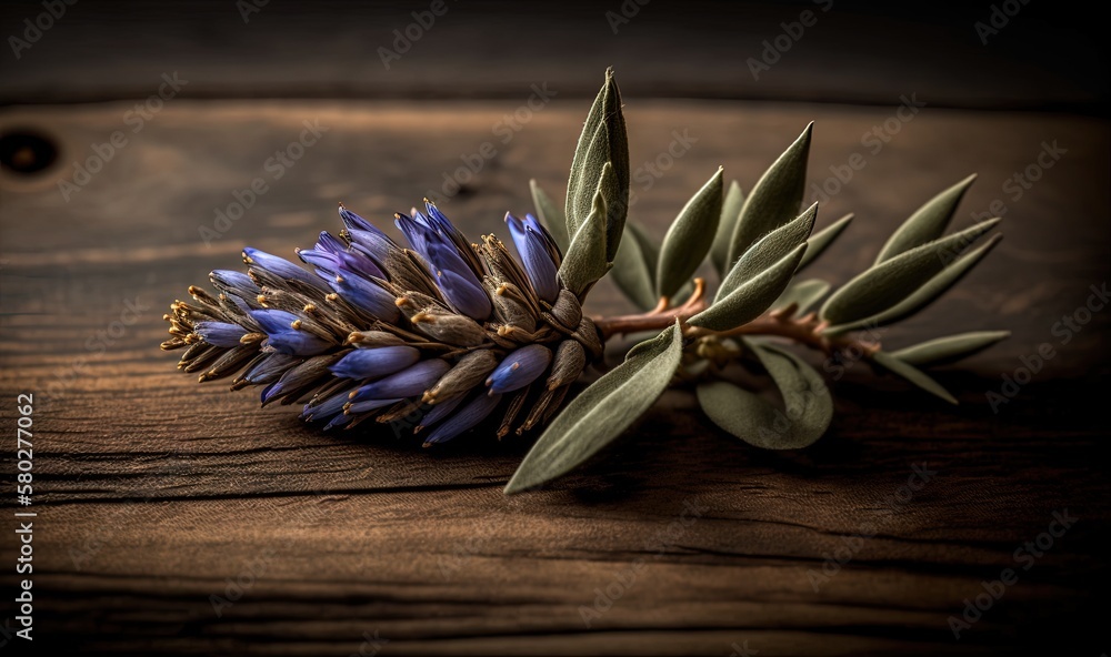  a close up of a flower on a wooden surface with a leaf on its end and a sprig of leaves on the top