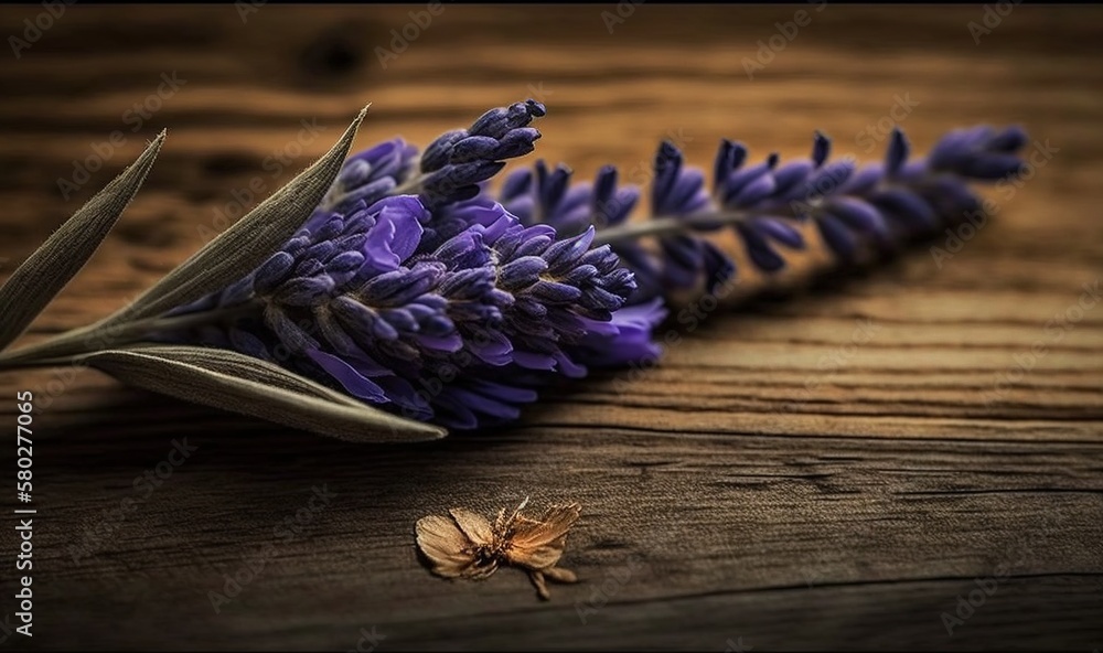  a bunch of purple flowers sitting on top of a wooden table next to a dried flower head and a dried 