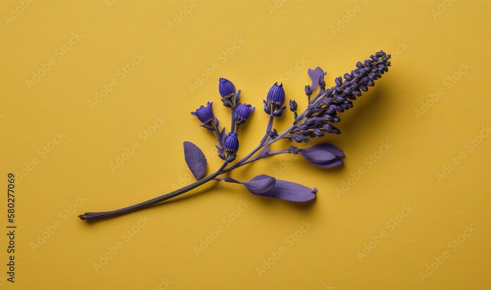  a purple flower on a yellow background with a stem of lavender on the left side of the frame, and a