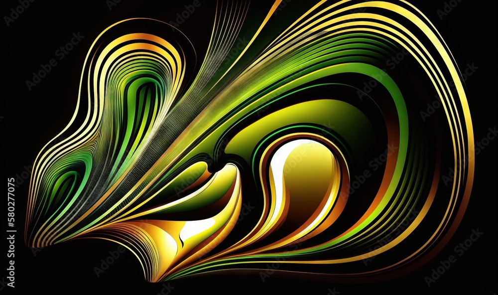  a computer generated image of a green, yellow and black swirl on a black background with a black ba